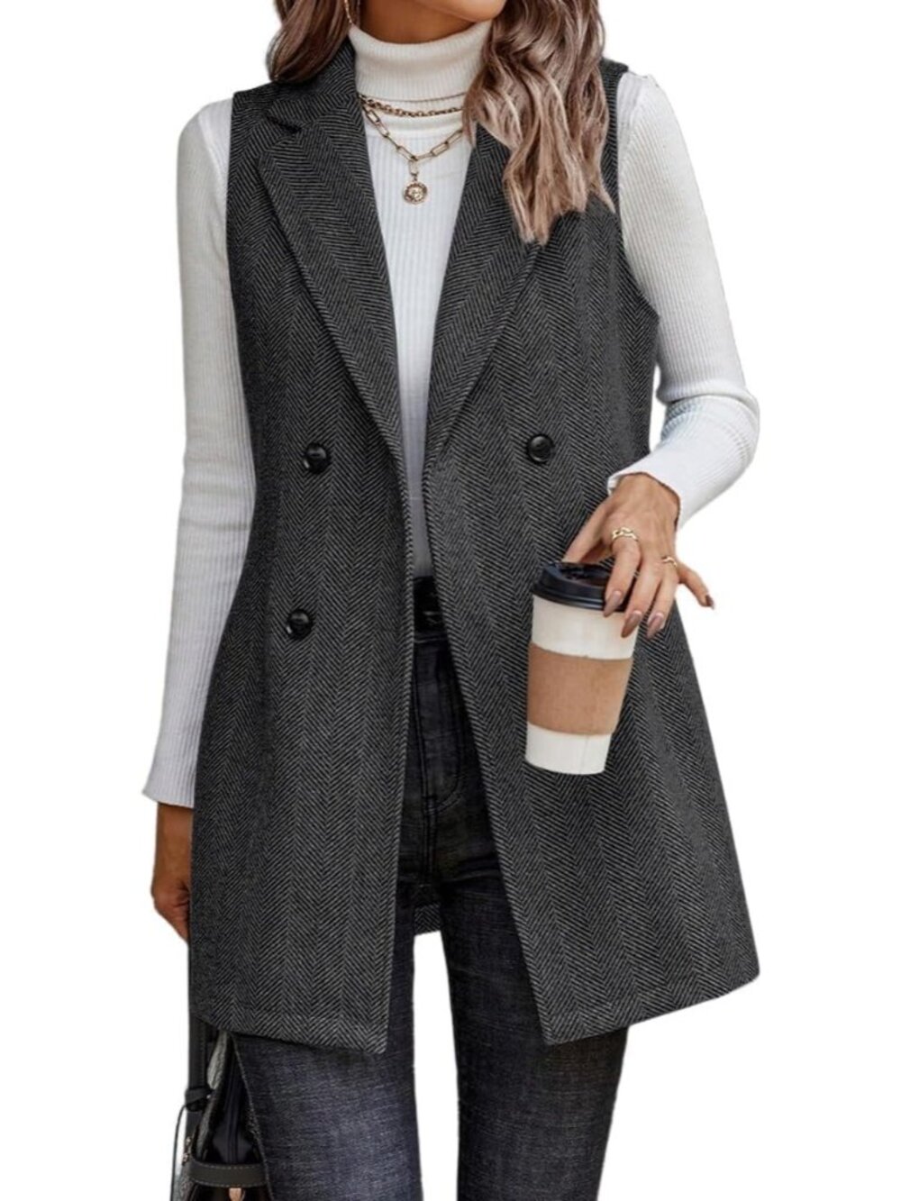 Women Black Notch Collar Sleeveless Cardigan Outerwear Tweed Blazer Fall Jackets